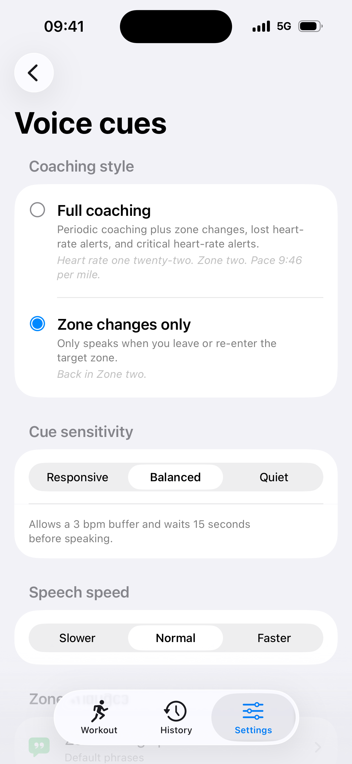 Voice cues settings in Light appearance with Full coaching and Zone changes only, cue sensitivity set to Balanced with a 3 bpm buffer and 15 second wait, and speech speed set to Normal.