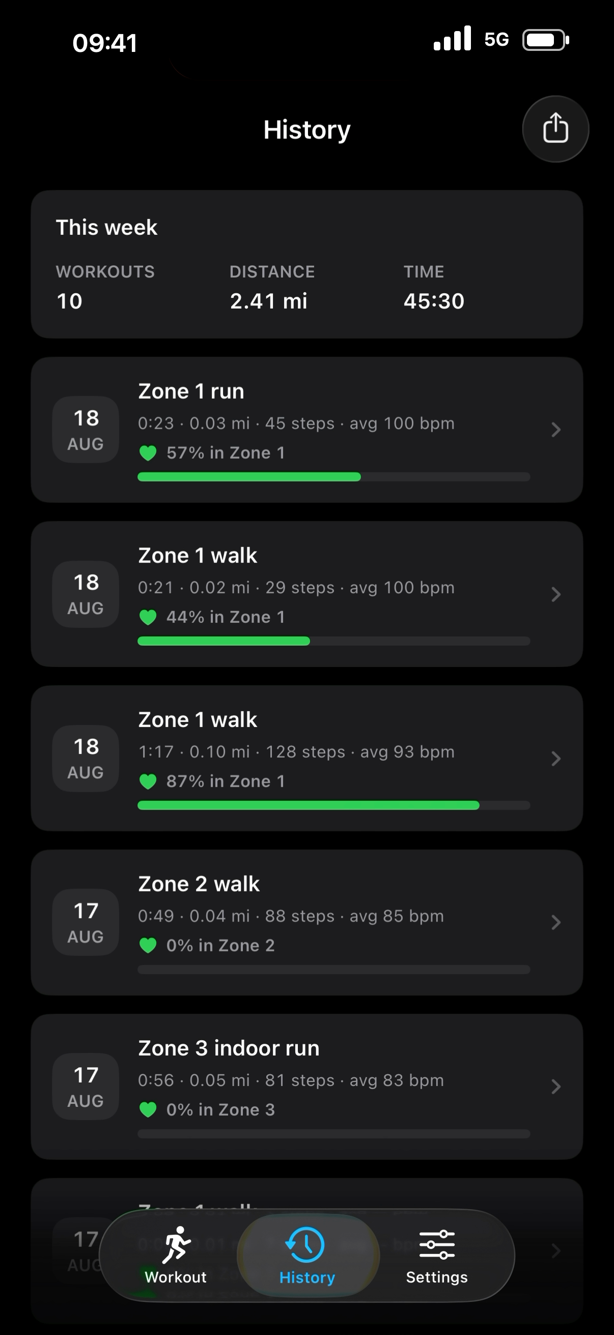 History screen in Dark appearance with 10 workouts this week and the percentage of time in the target zone on every entry.