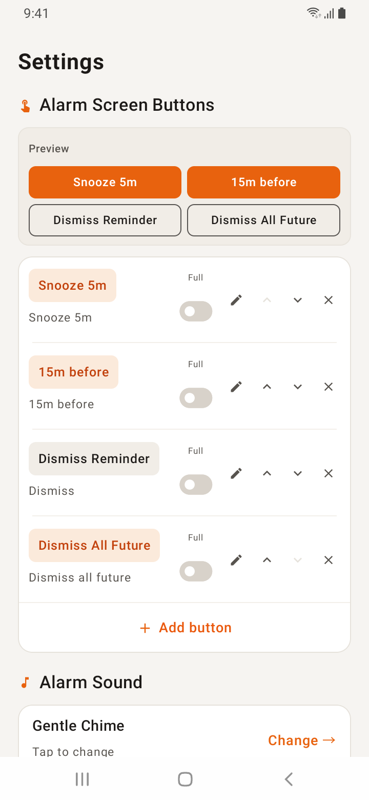 Alarm sound and screen button settings on Android