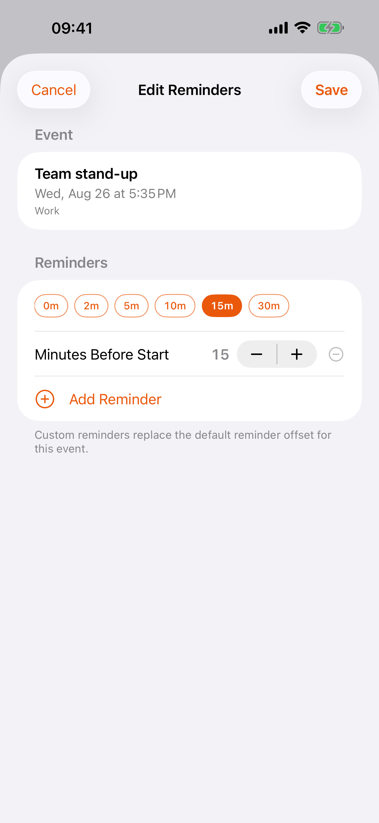 Reminder timing editor on iPhone
