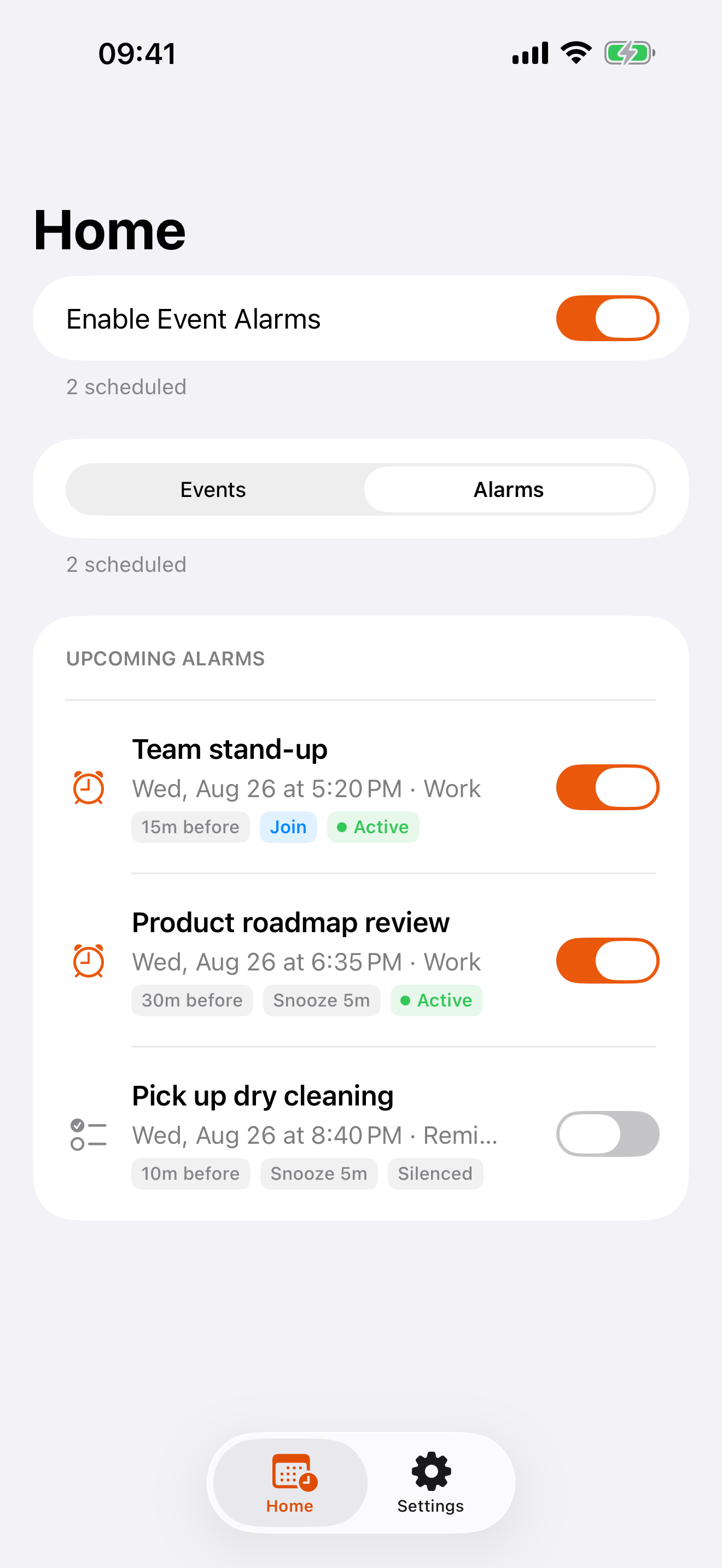 Upcoming alarms timeline on iPhone