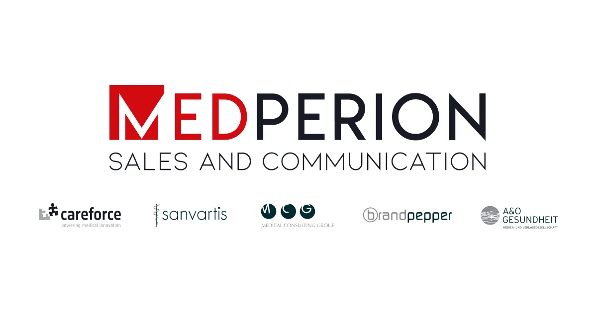 MEDPERION Logo mit dem Text 'Sales and Communication' und den Logos von Careforce, Sanvartis, Medical Consulting Group, Brandpepper und A&O Gesundheit darunter.
