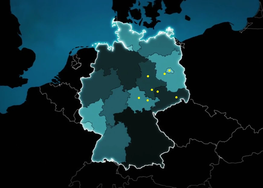 Deutschlandkarte mit markierten Städten, die im Fokus von Van Acken Immobilien liegen.
