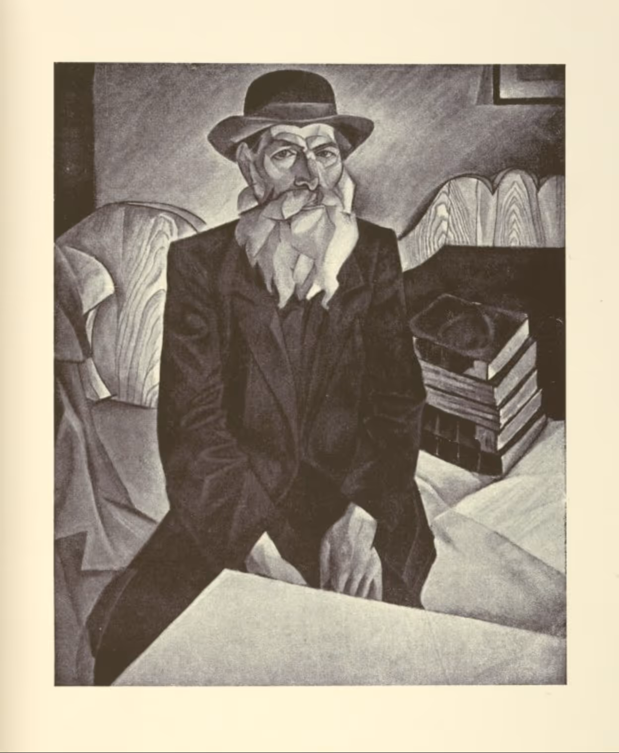 Stylized black-and-white illustration of an elderly bearded man in a hat