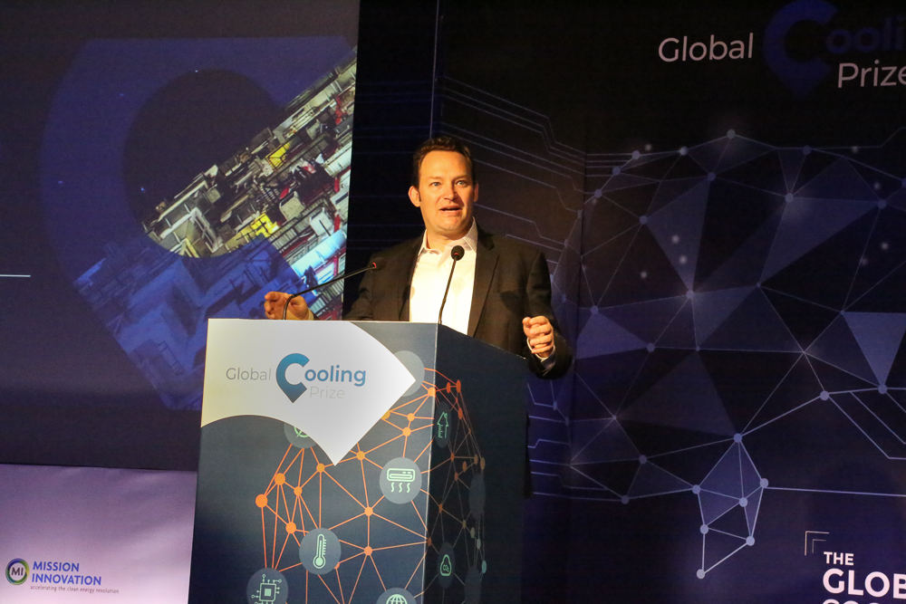 Dr. Paul Bunje, co-founder of Conservation X Labs, speaks at the launch of the Global Cooling Prize. New Delhi, India (Nov. 12, 2018)