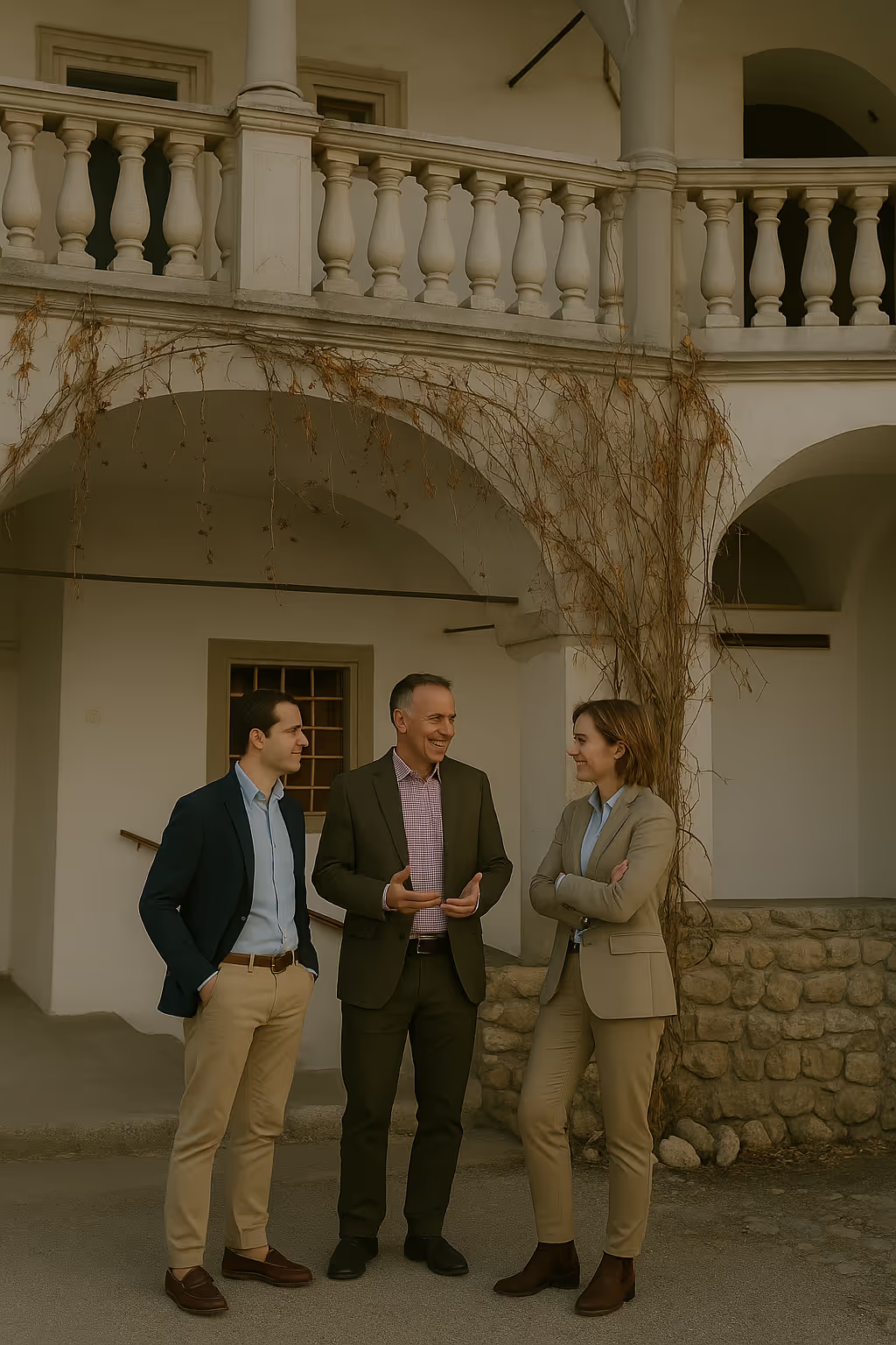 Gruppe unterhält sich im Arkardenhof Hollenburg