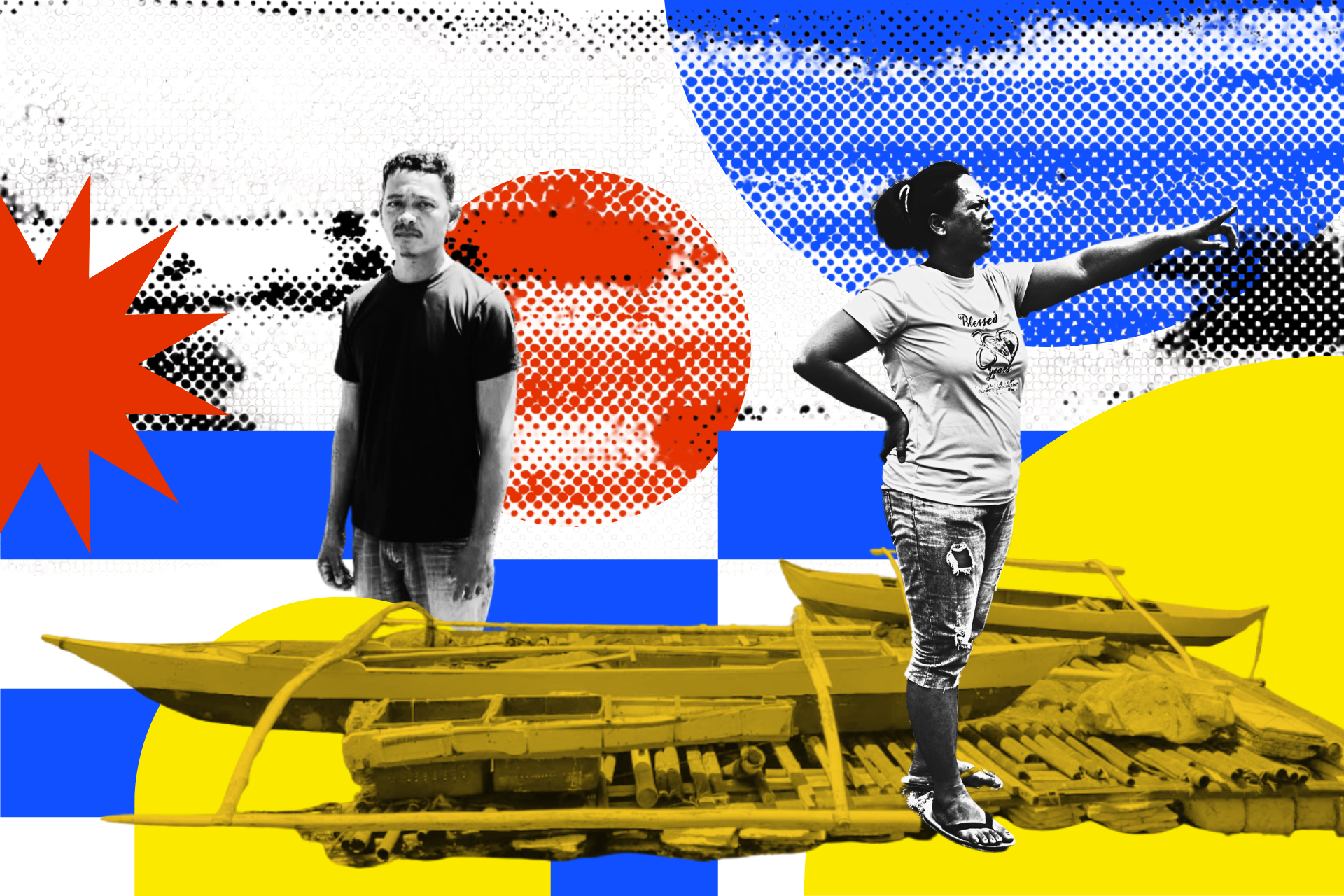 A graphical composite image showing a Filipino man on the left and a woman on the right, both rendered in black and white, on top of a background of colourful shapes in red, blue and yellow. A small fishing boat is rendered in yellow in the foreground.