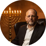 Rabino Rony sentado em um poltrona preta com um Menorá (Candelabro Judaico) atrás dele