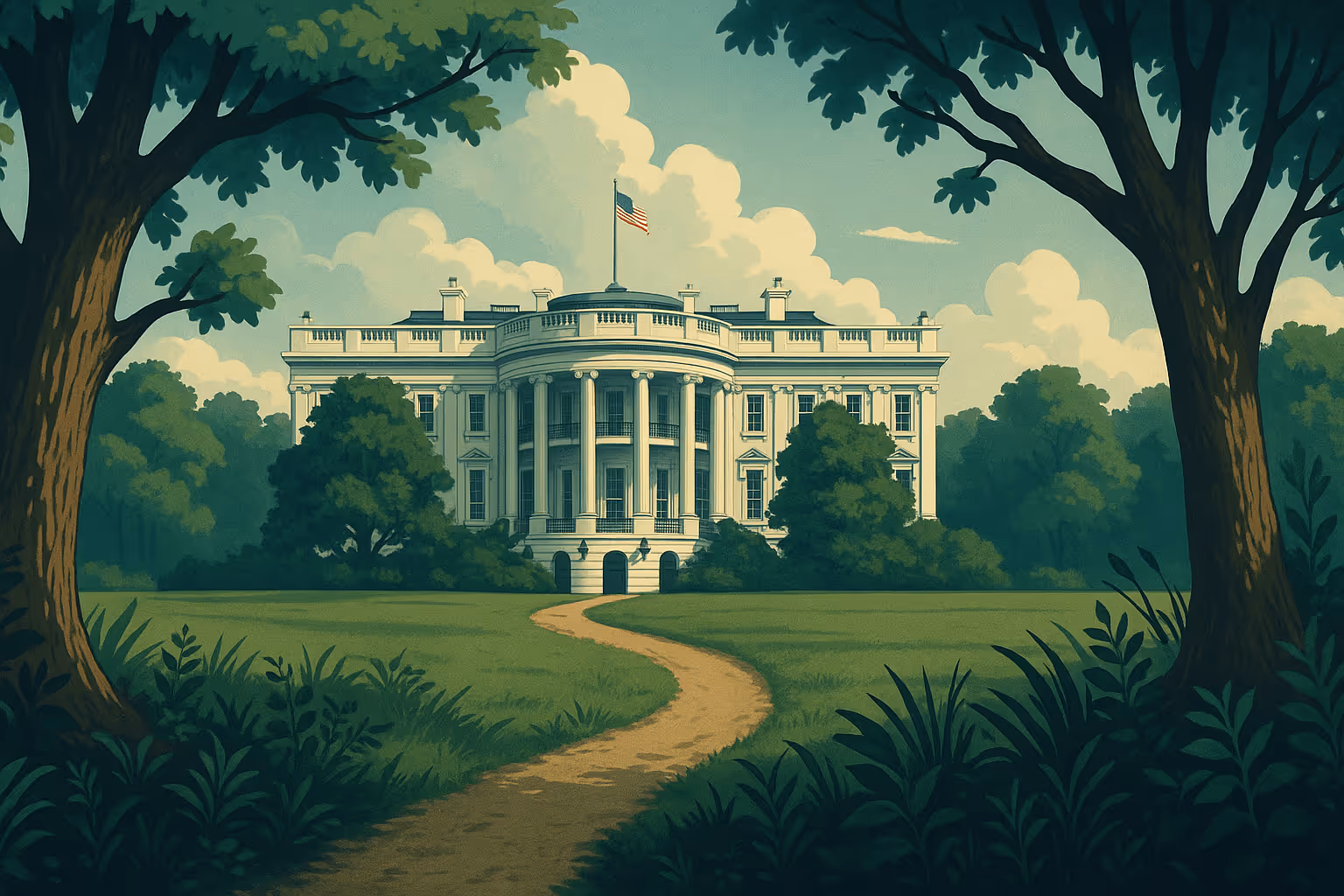 Path leading through trees to the White House, symbolizing U.S. presidential conservation and public lands.