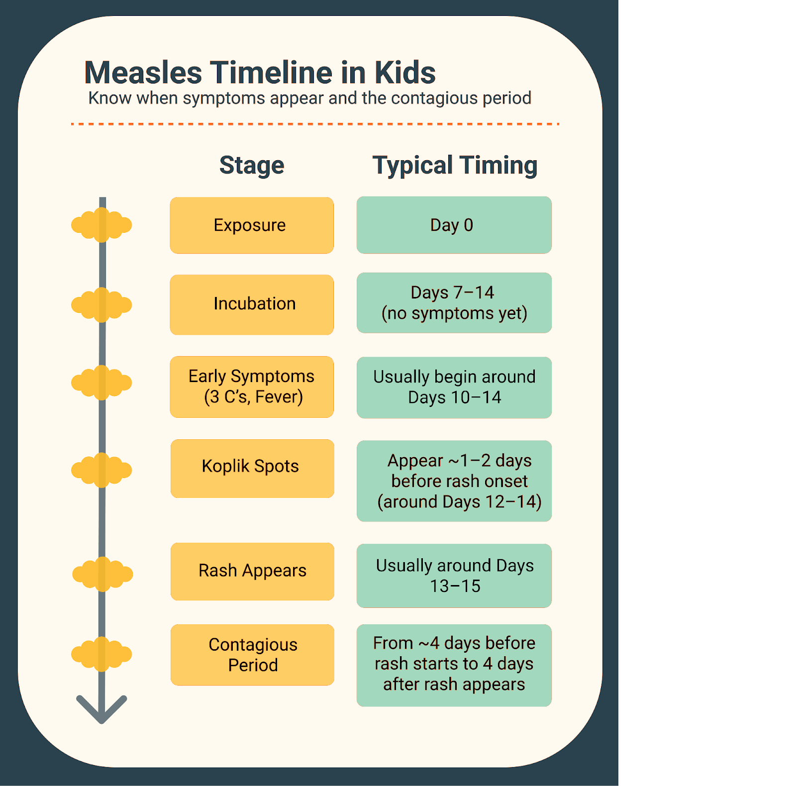 Measles symptoms in kids: Timeline from exposure (Day 0) to rash (Days 13–15). Includes incubation (7–14 days), fever & 3 C’s (Days 10–14), Koplik spots (Days 12–14). Contagious 4 days before/after rash.