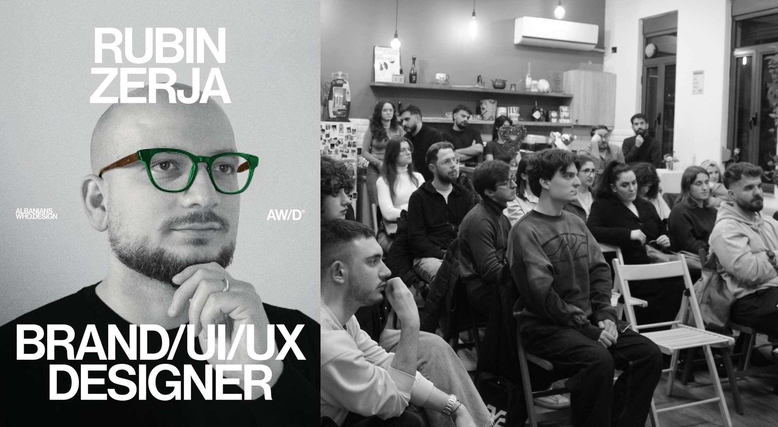 Rubin Zerja, Brand/UI/UX Designer, speaking at the Albanians Who Design fourth meetup — alongside an audience of designers gathered in a room, listening attentively.