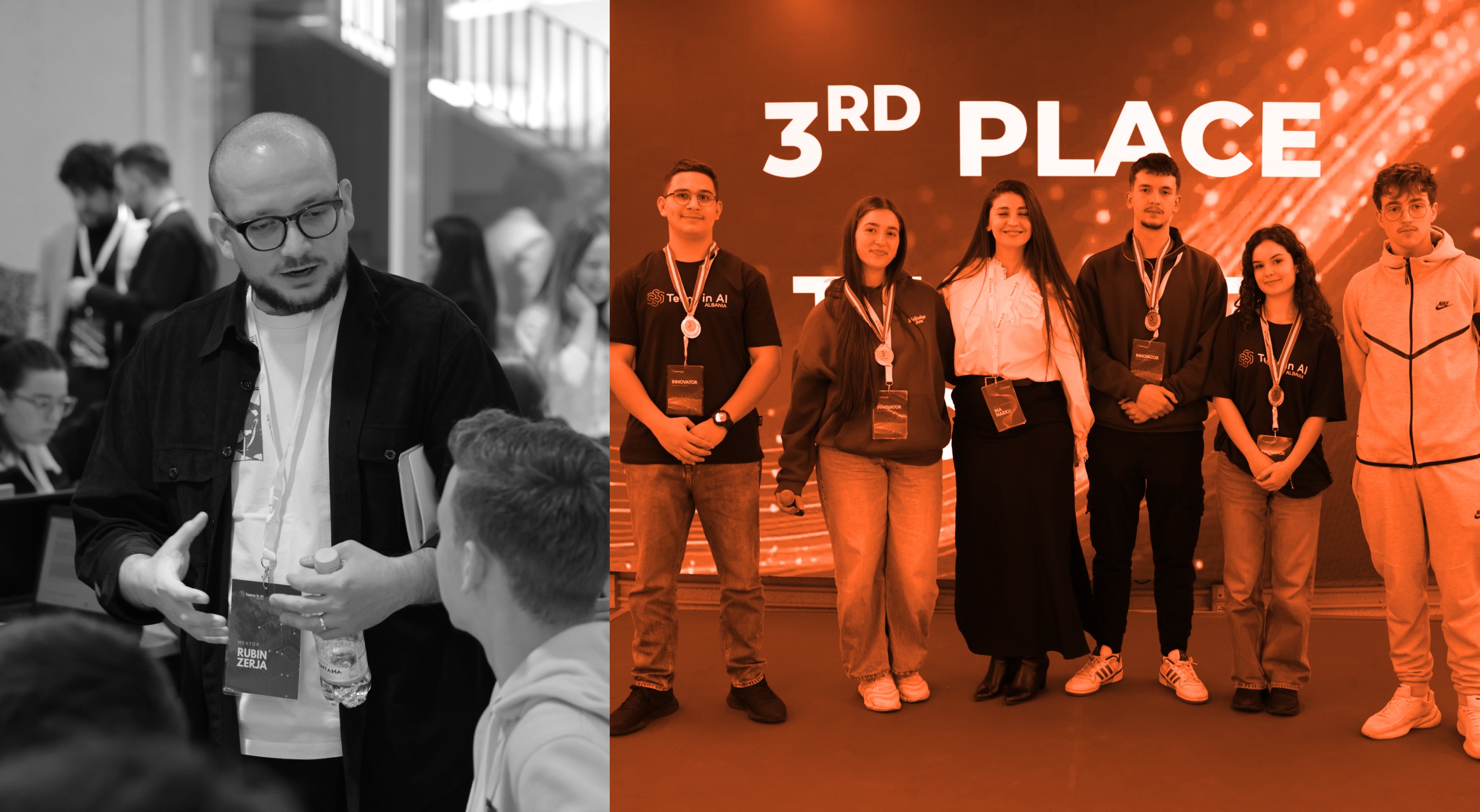Business mentor Rubin Zerja coaching teens at Teens in AI Albania Techathon 2026 — third place winning team on stage.