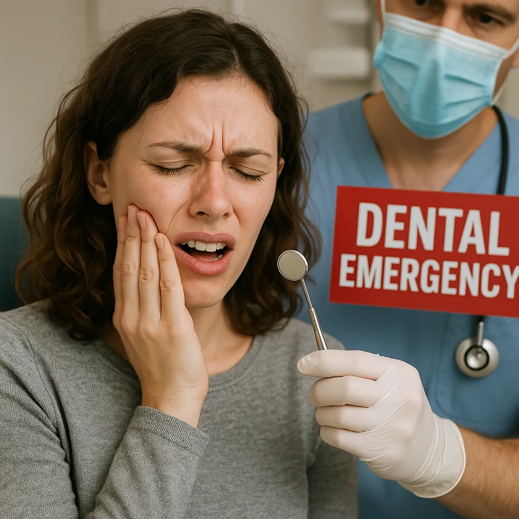 A distressed woman clutching her cheek in pain while a masked dental professional stands behind her holding a sign that reads ‘Dental Emergency.