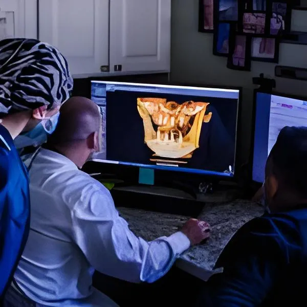Dental clinician analyzing a detailed 3D scan of a patient’s jawbone on a large monitor inside a dark diagnostics room