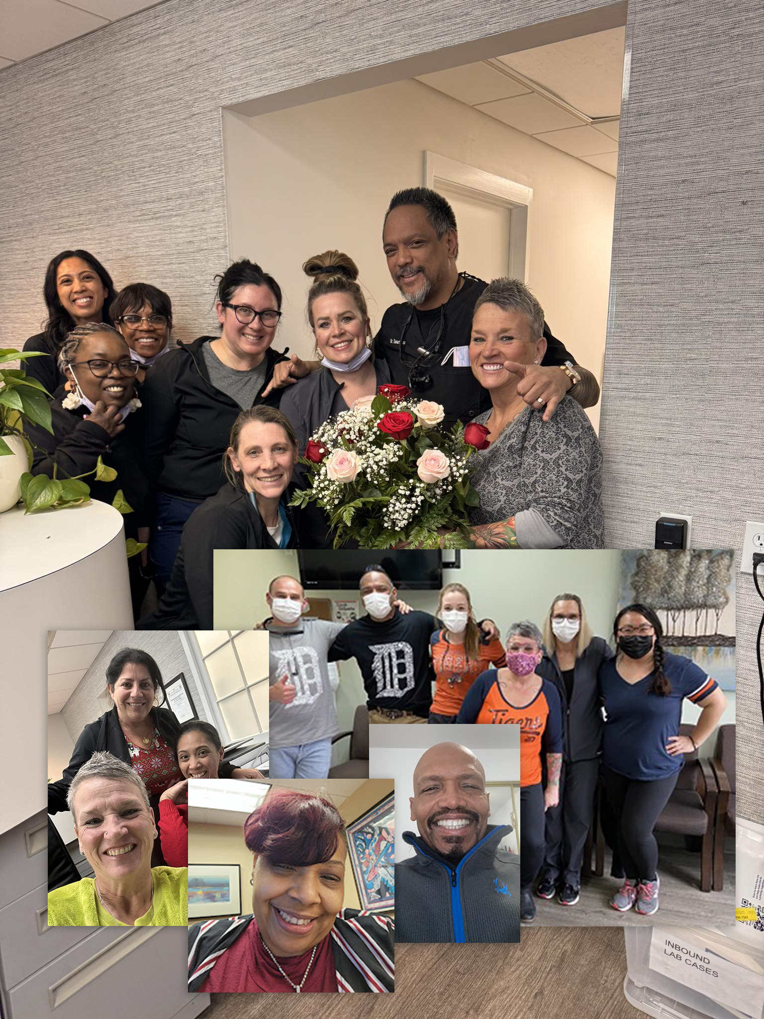 Fortson Dentistry team and happy patients smiling together in the dental office, showcasing a welcoming environment, friendly staff, and satisfied visitors in Lathrup Village, MI