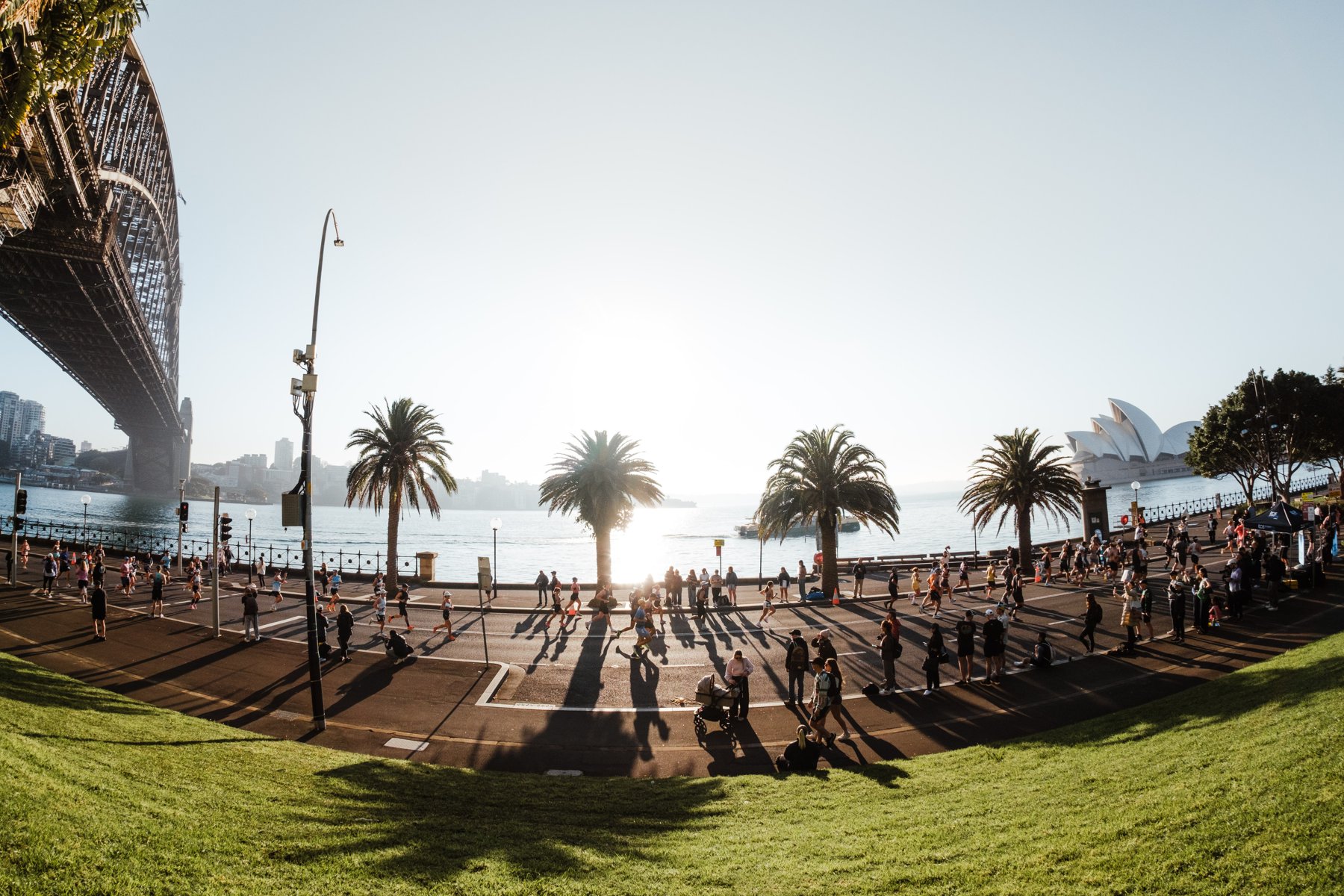 Runners beside Sydney Harbour, with the Harbour Bridge and Sydney Opera House in view