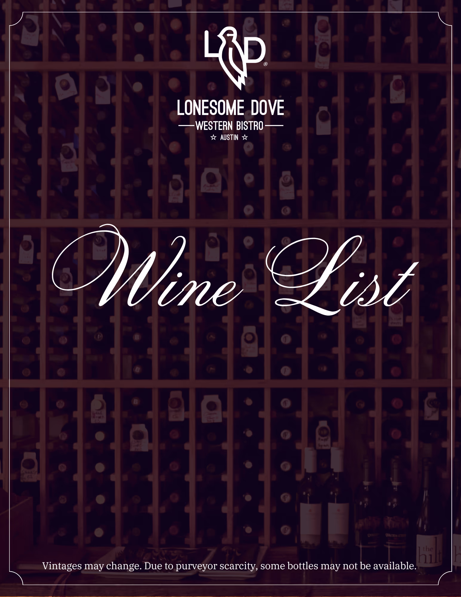 Lonesome Dove Austin wine list, page 1 of 18