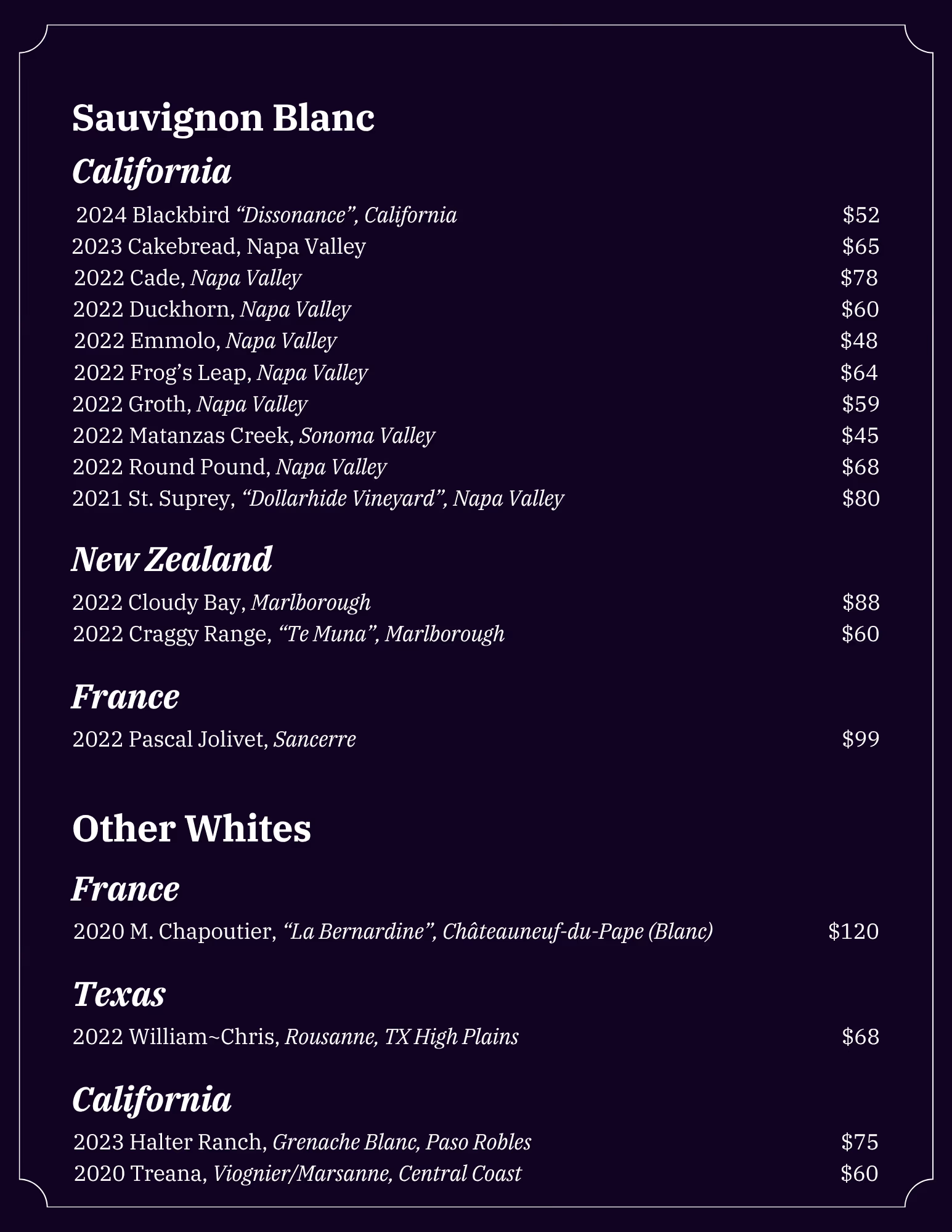 Lonesome Dove Austin wine list, page 4 of 18