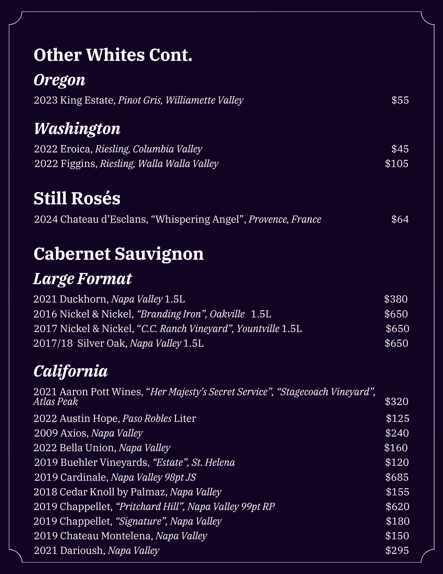 Lonesome Dove Austin wine list, page 5 of 18