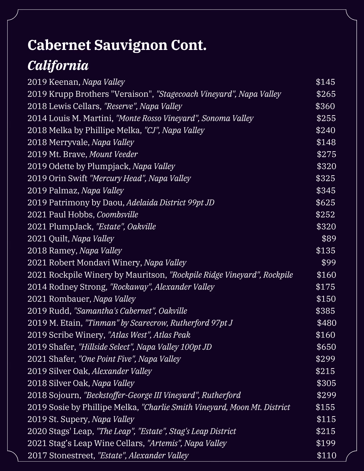 Lonesome Dove Austin wine list, page 7 of 18