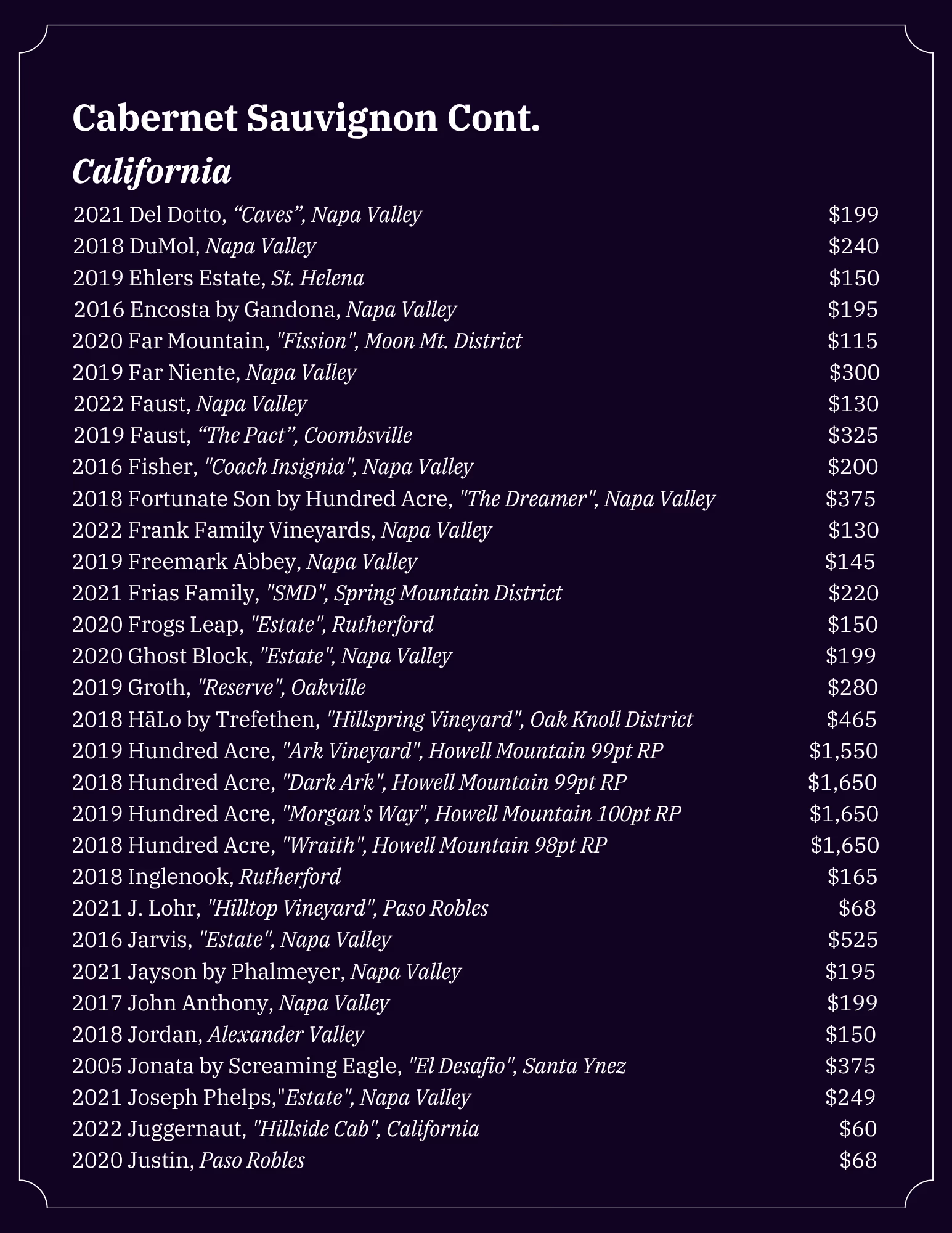 Lonesome Dove Austin wine list, page 6 of 18