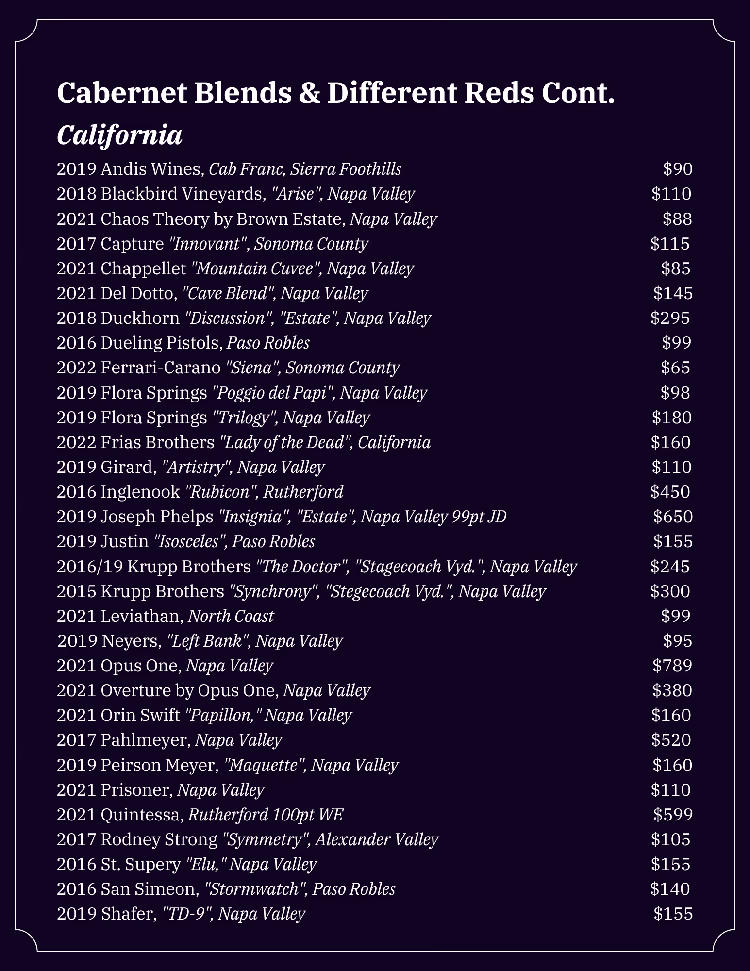 Lonesome Dove Austin wine list, page 9 of 18