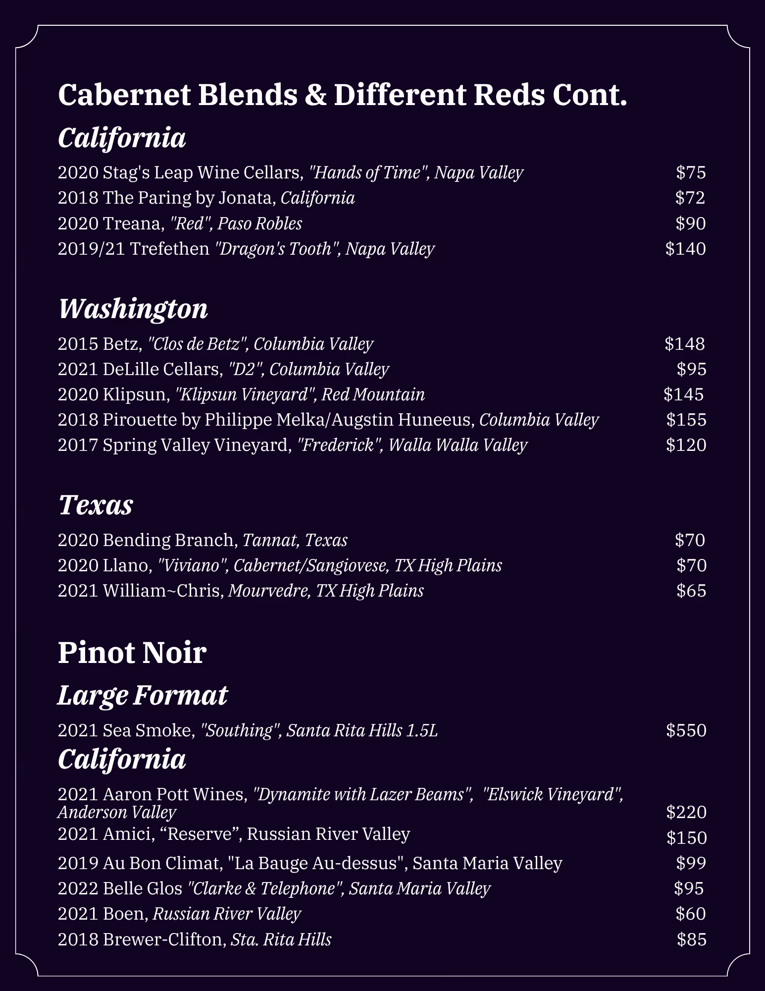 Lonesome Dove Austin wine list, page 10 of 18