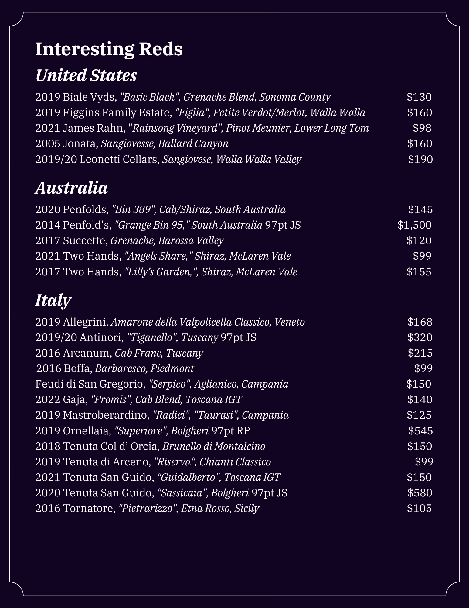 Lonesome Dove Austin wine list, page 14 of 18