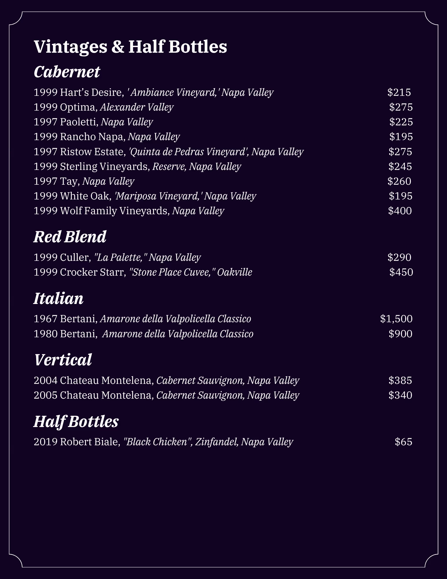 Lonesome Dove Austin wine list, page 16 of 18