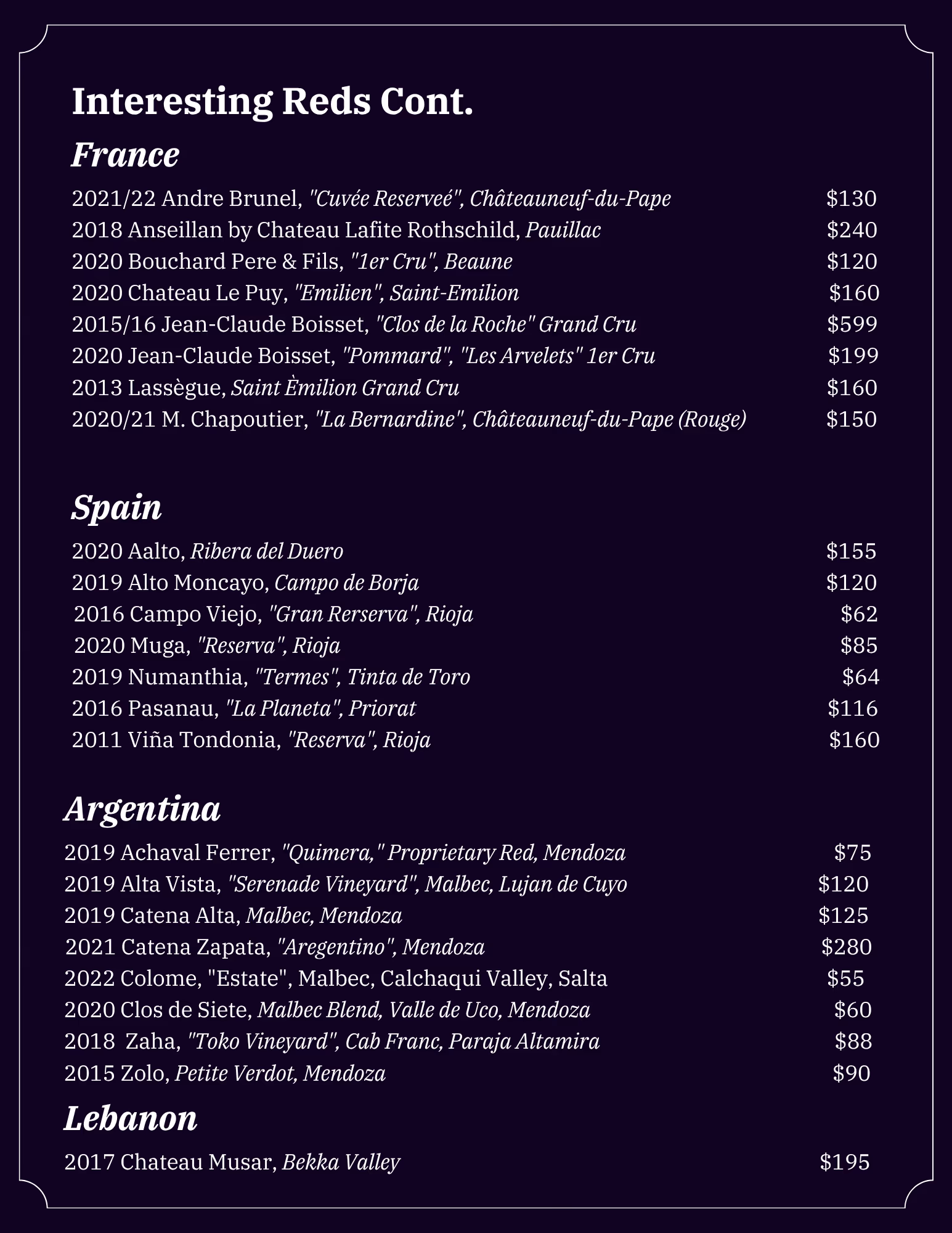 Lonesome Dove Austin wine list, page 15 of 18