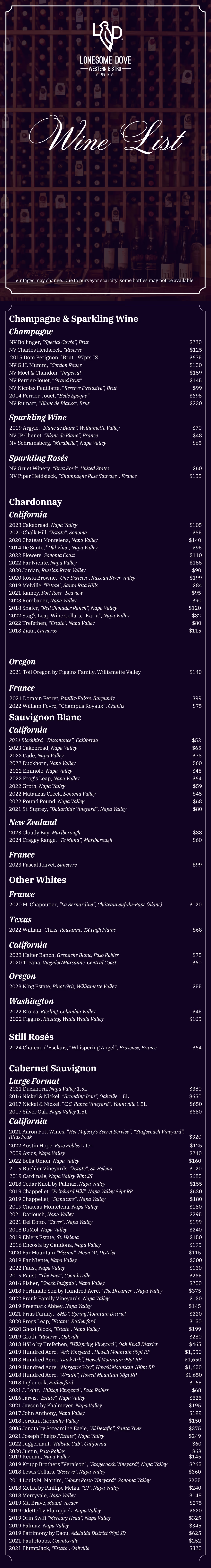 Lonesome Dove Austin wine list, page 1 of 3