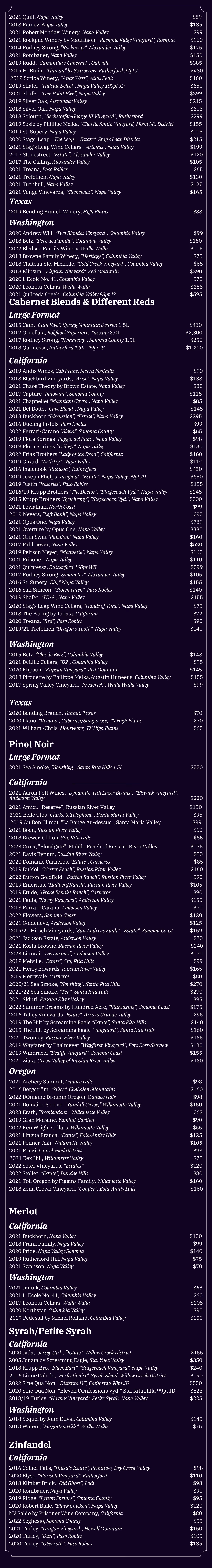 Lonesome Dove Austin wine list, page 2 of 3