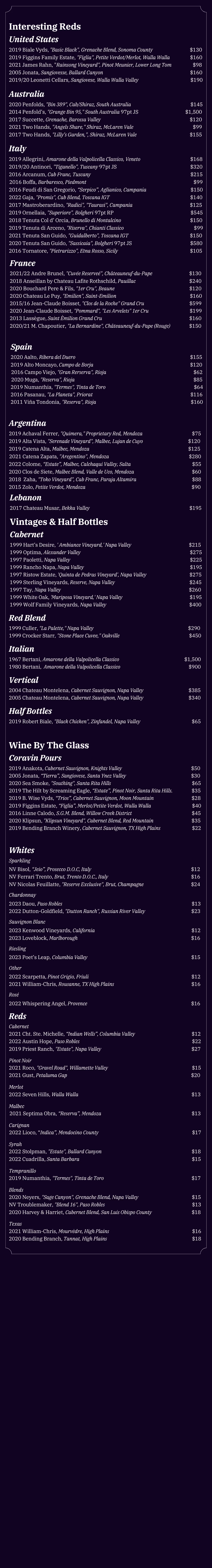 Lonesome Dove Austin wine list, page 3 of 3