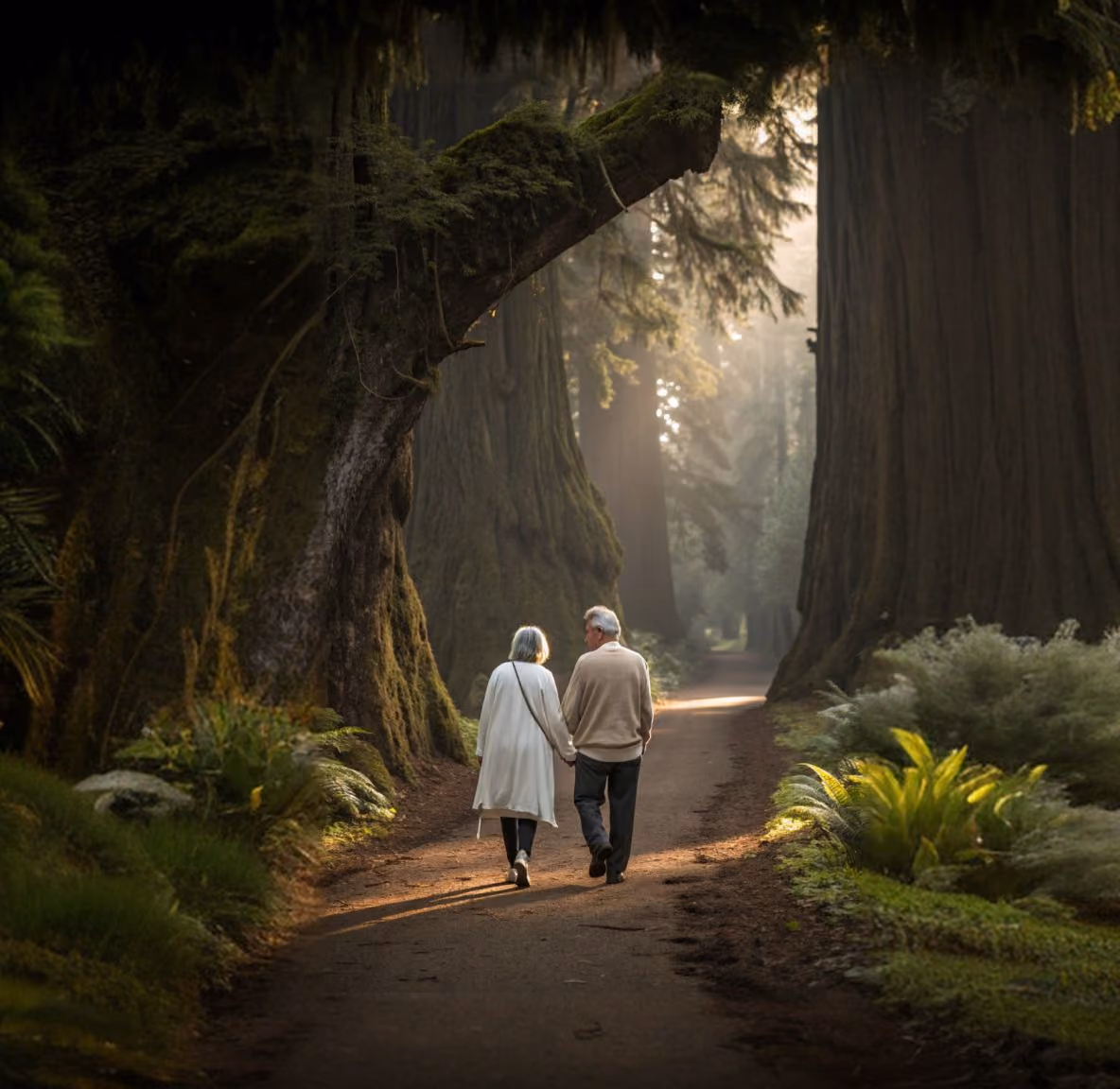 Elderly couple walking hand in hand on a forest path surrounded by tall trees and greenery.