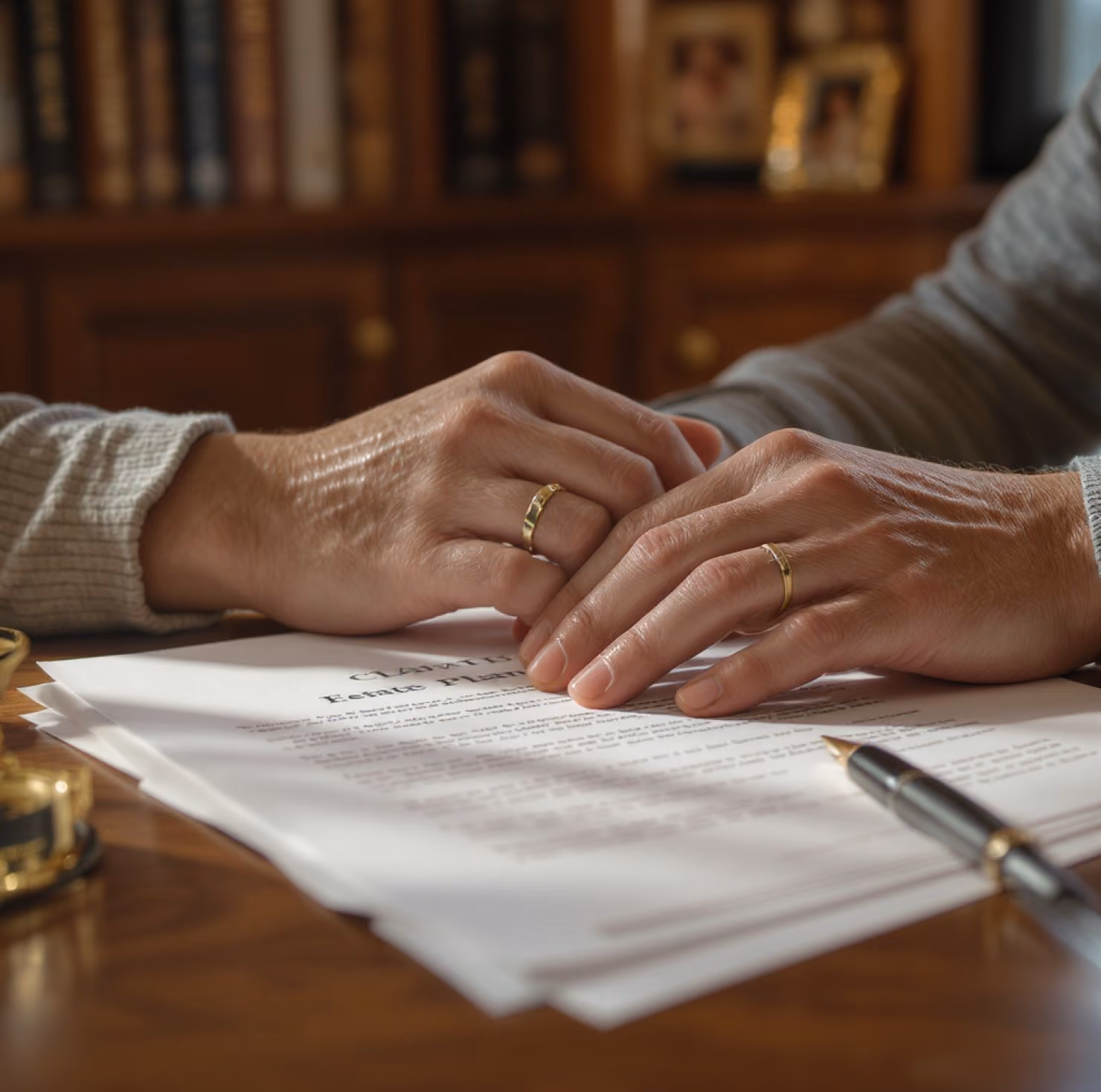 Two hands with wedding rings resting on legal papers on a wooden table with a pen nearby.