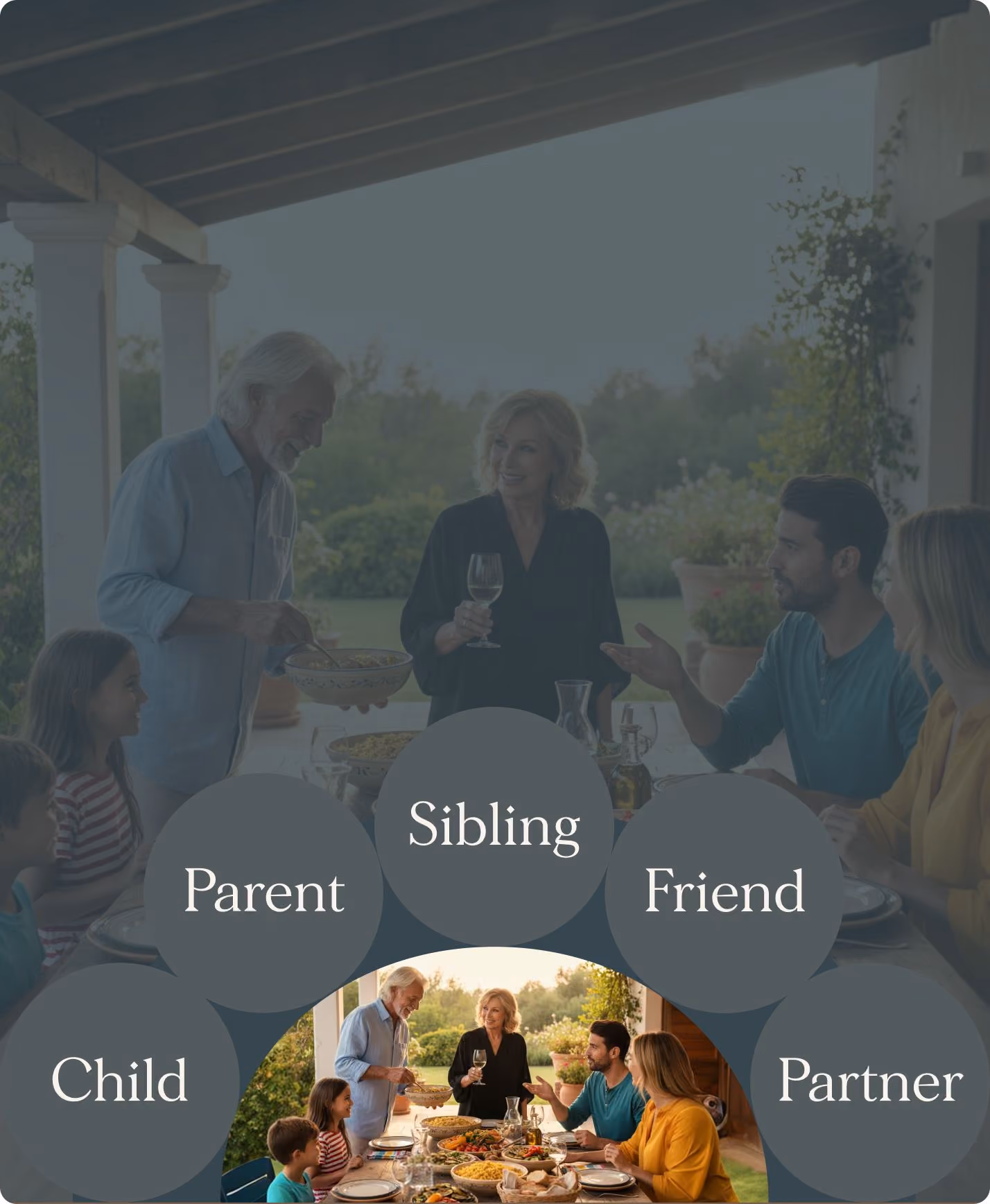 Multigenerational family happily gathered around a table outdoors enjoying a meal together.
