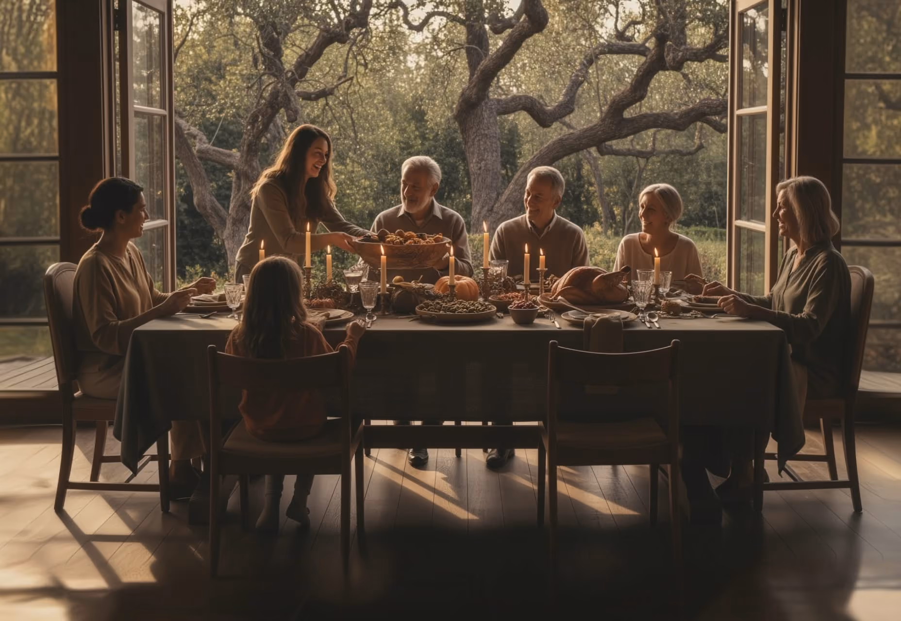Family of six gathered around a table with candles and a roast turkey near open doors to a garden.