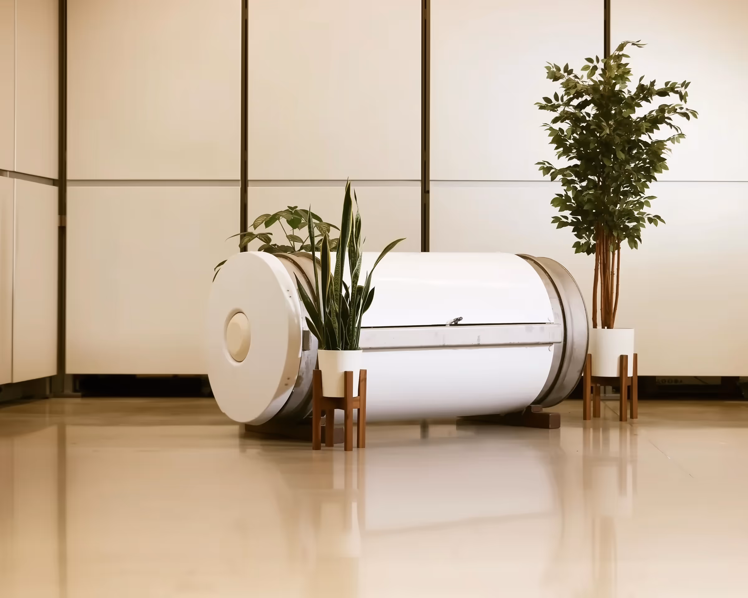 A modern, beautiful room containing vessels in Earth Funeral’s state-of-the-art human composting facility