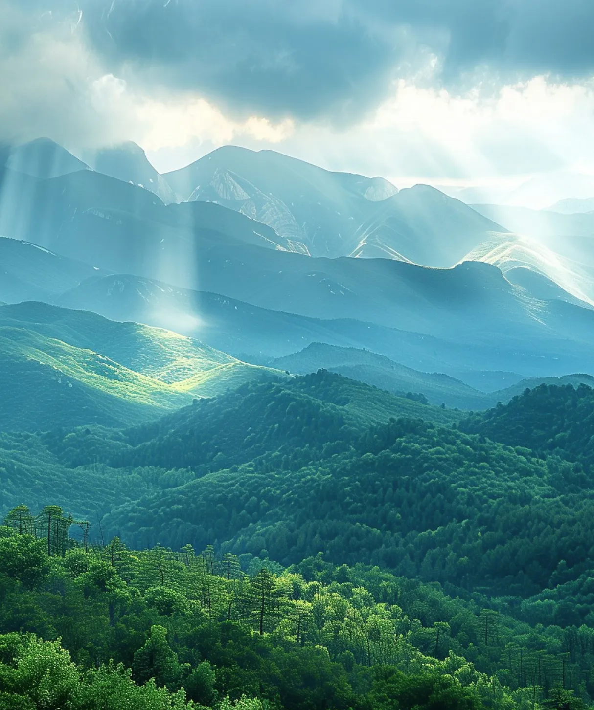 Landscape with sun shining through the clouds
