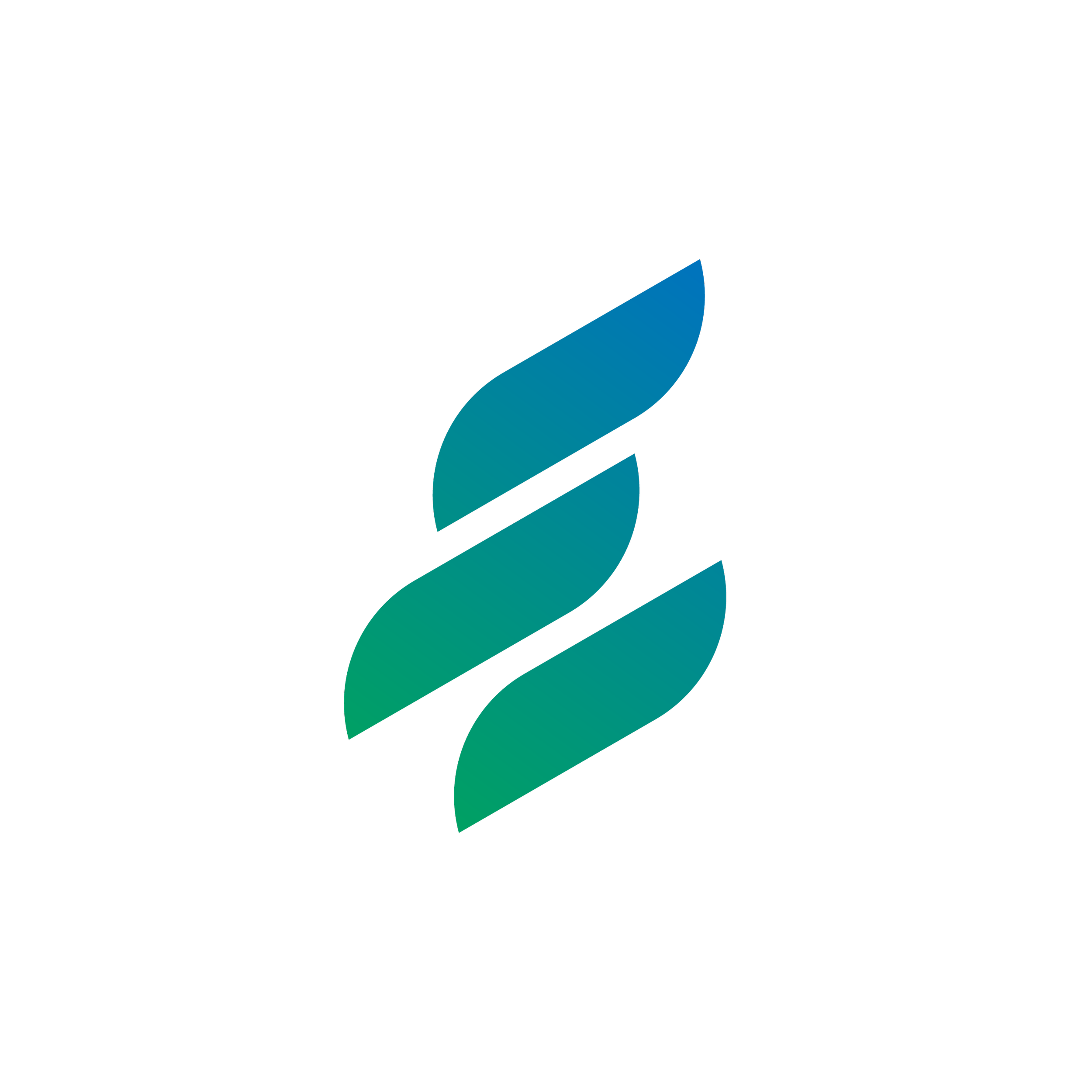 Abstract geometric logo with three gradient blue and green curved shapes stacked diagonally on black background.