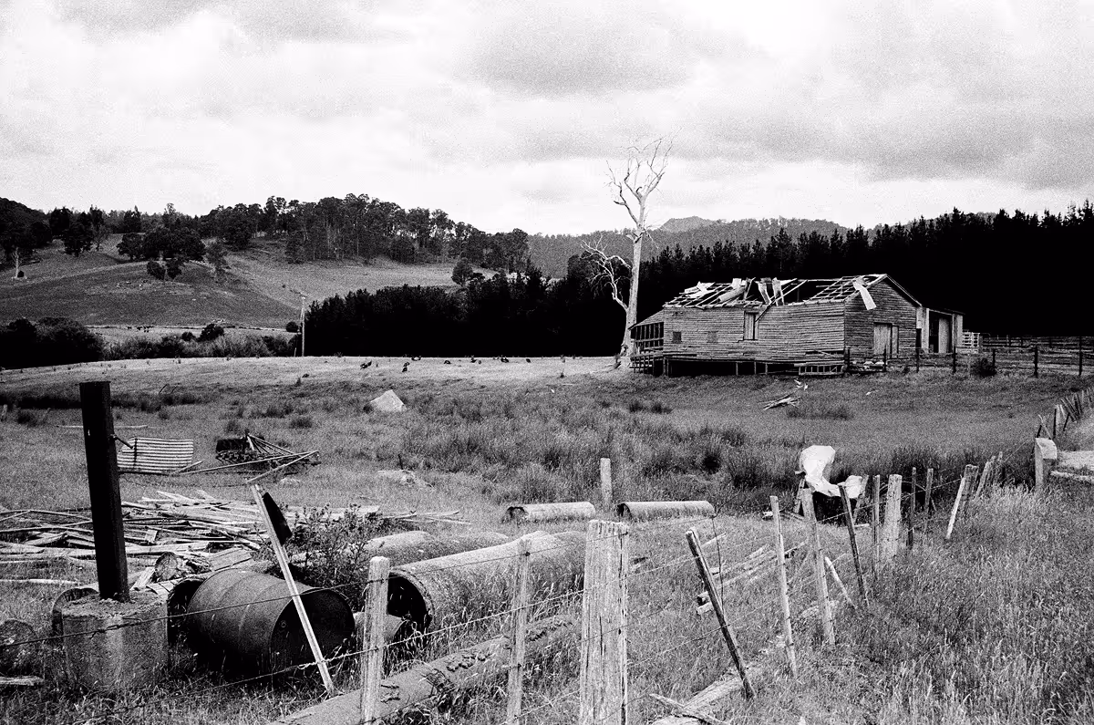 Abandoned weathered homestead with collapsed roof in rural landscape