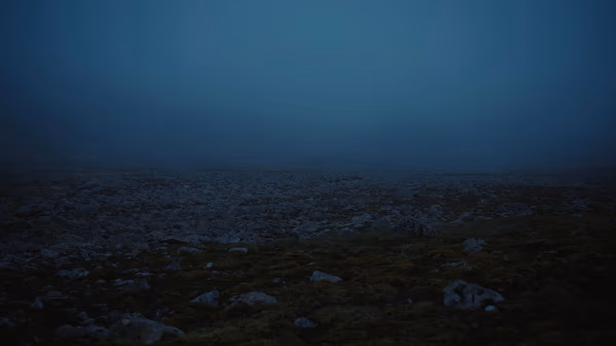 Dark rocky landscape under a foggy or misty blue-gray sky during low light conditions.