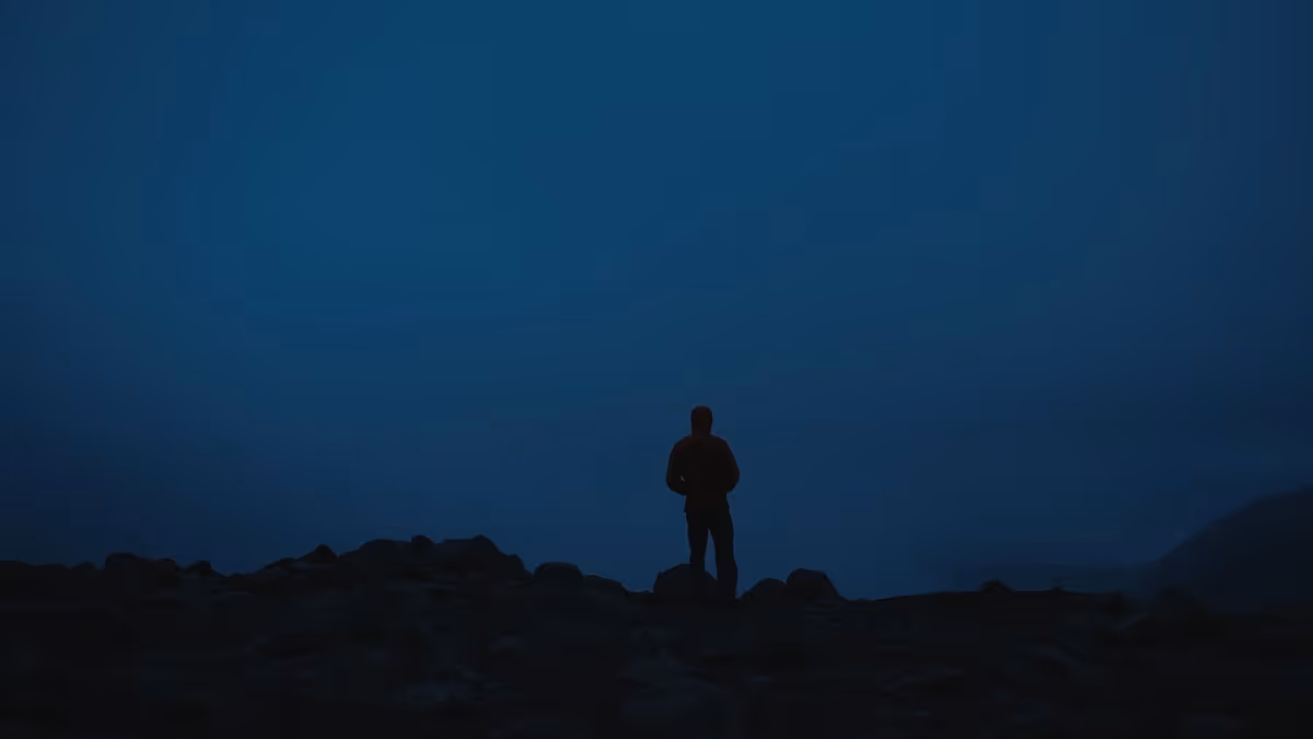 Silhouette of a person standing on rocky terrain against a dark blue dusk sky.