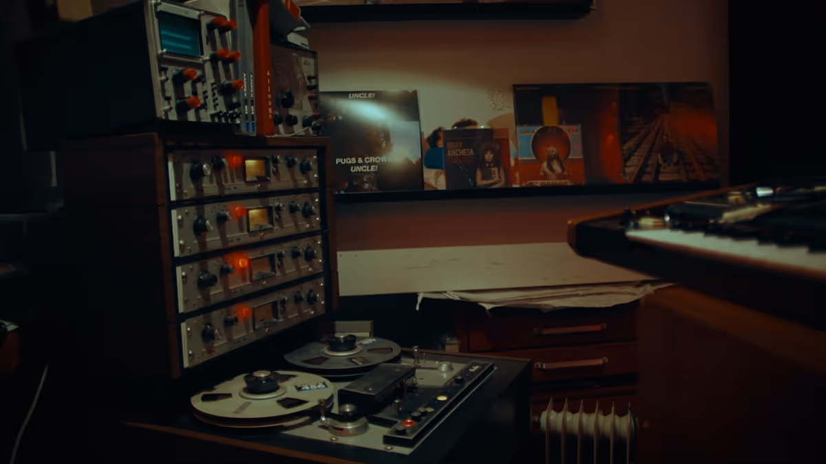 Vintage audio recording equipment with reel-to-reel tape player and sound mixers in a dimly lit studio room.