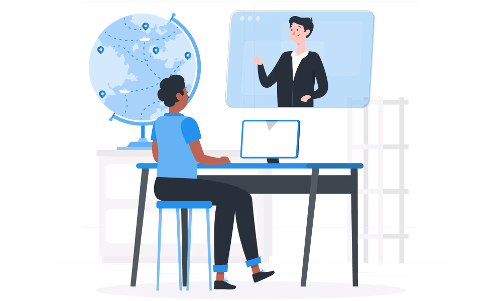 Illustration of a person presenting data on a large screen while another person sits at a desk watching.