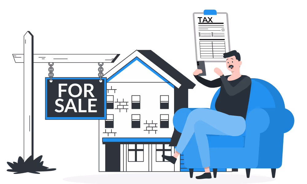 Illustration of a house for sale with a person sitting in a chair holding papers.