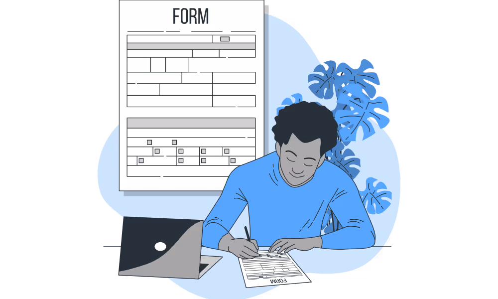 Illustration of a person filling out a form at a desk with a laptop, representing paperwork or tax form completion.