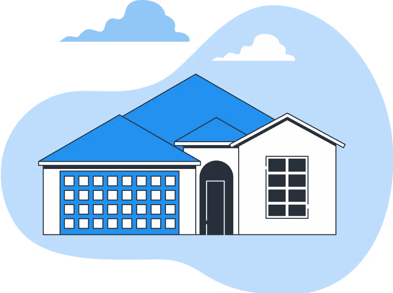 Illustration of a house with trees and clouds in the background, symbolizing real estate or property investment.