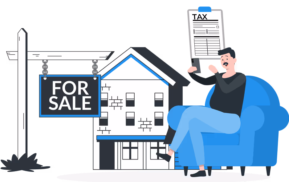Illustration of a man sitting in front of a house for sale sign holding documents, representing property purchase or sale.