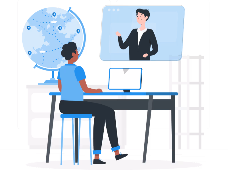 Illustration of two people at a desk with laptops, video conferencing with a third person, representing remote team collaboration.